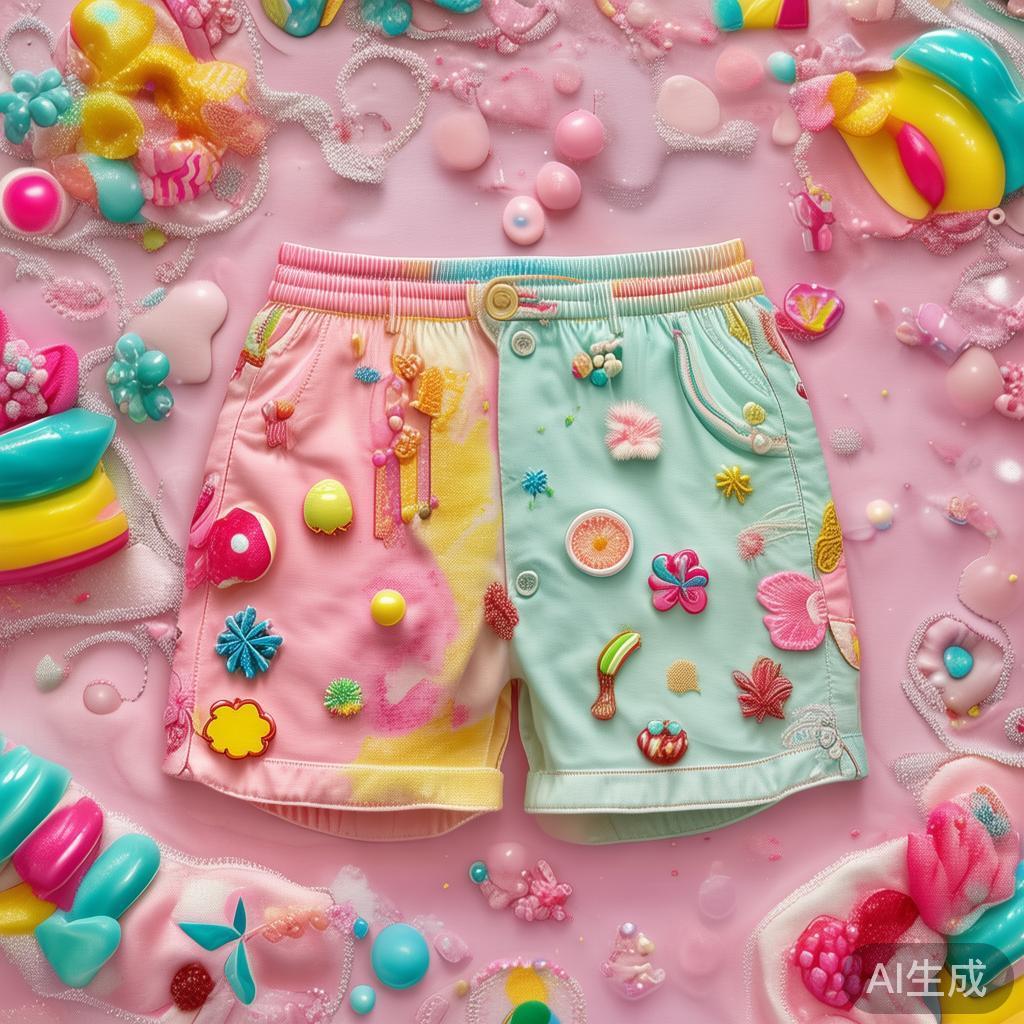 糖果派对主题短裤的设计核心在于营造一种甜美、梦幻的